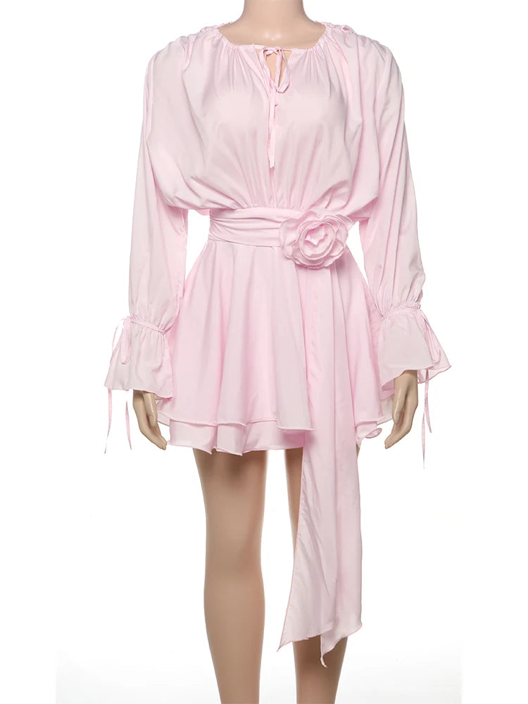3D flower applique mini dress with flare sleeves, product photo 6