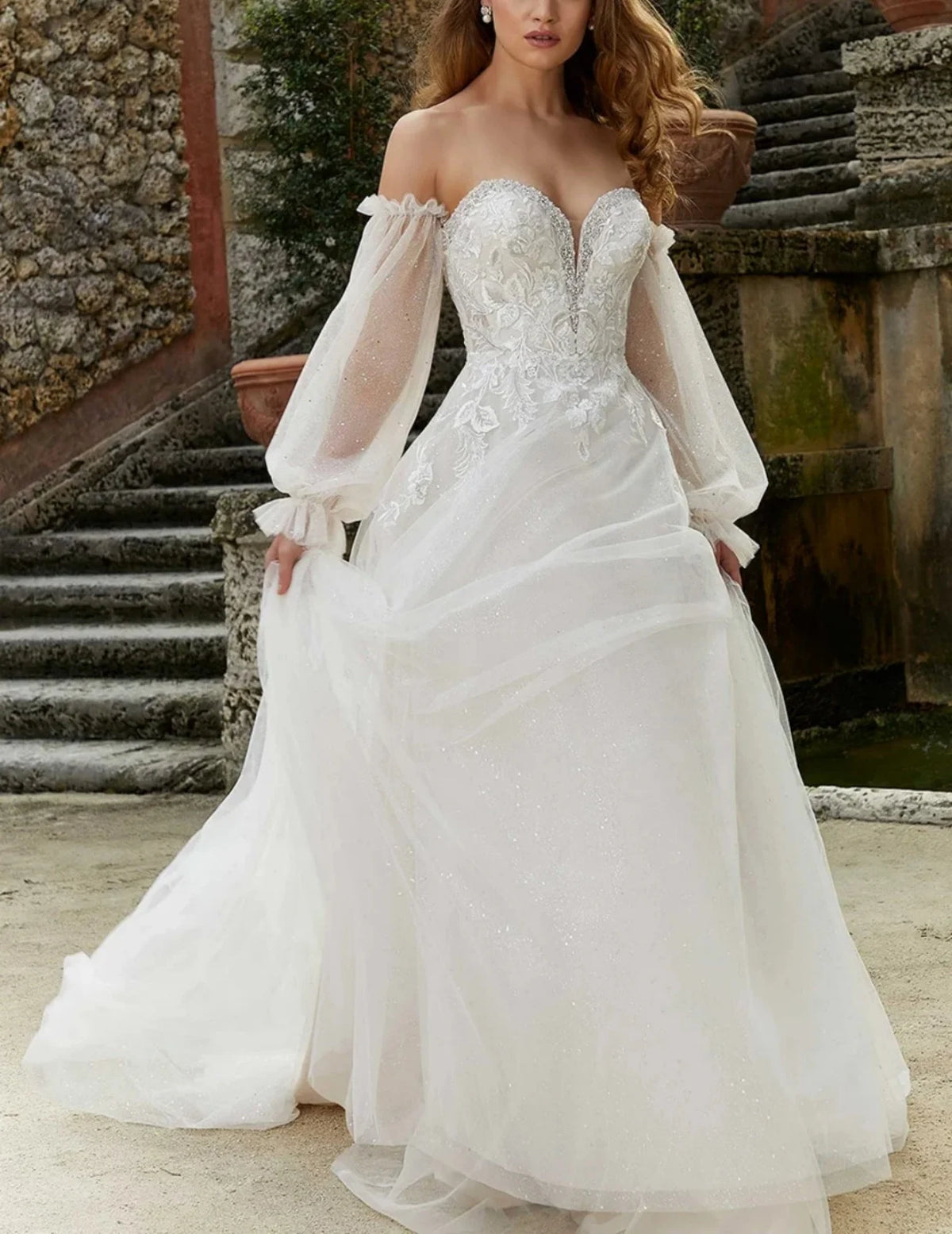 Beaded lace applique tulle A-line bridal gown, photo 6.
