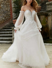 Beaded lace applique tulle A-line bridal gown, photo 6.