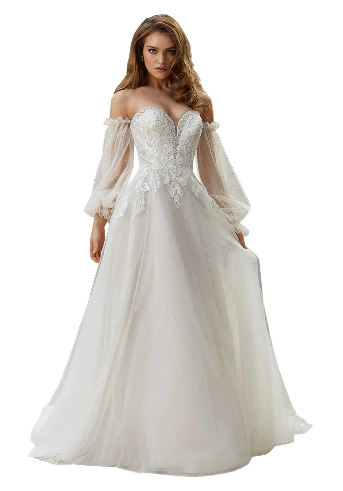 Beaded lace applique tulle A-line bridal gown, photo 7.
