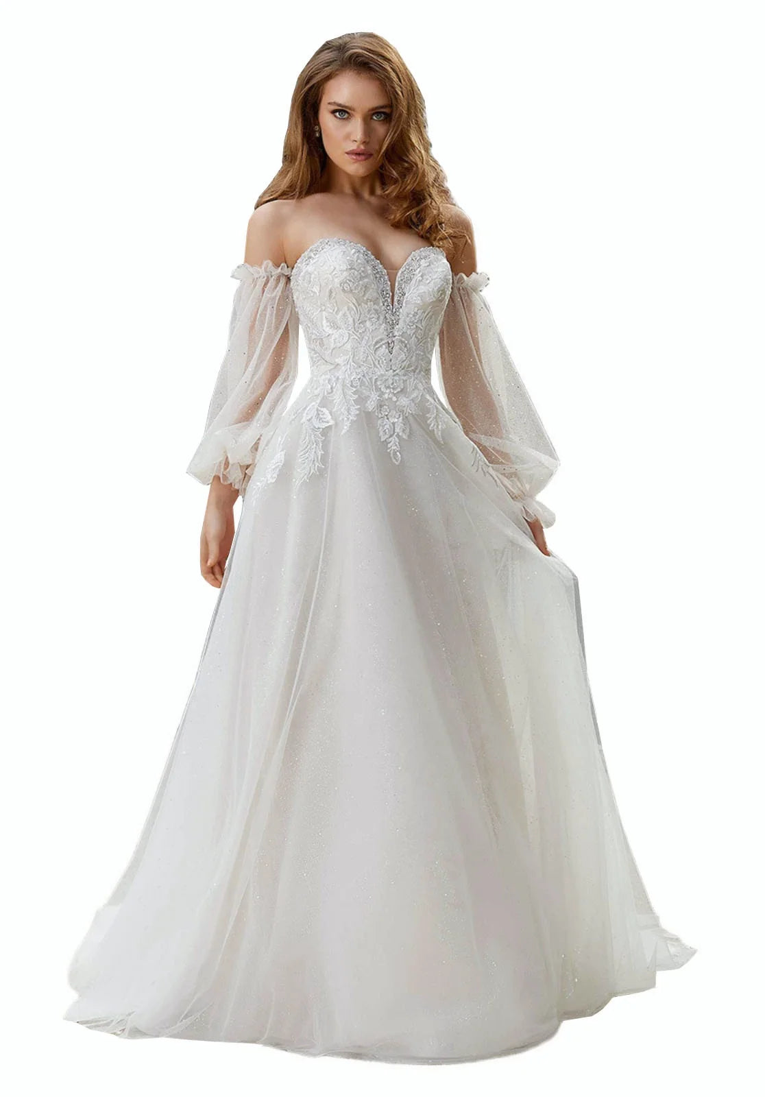 Beaded lace applique tulle A-line bridal gown, photo 8.