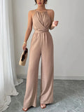 Chiffon Halter Neck Maxi Jumpsuit With Lace-Up Waist