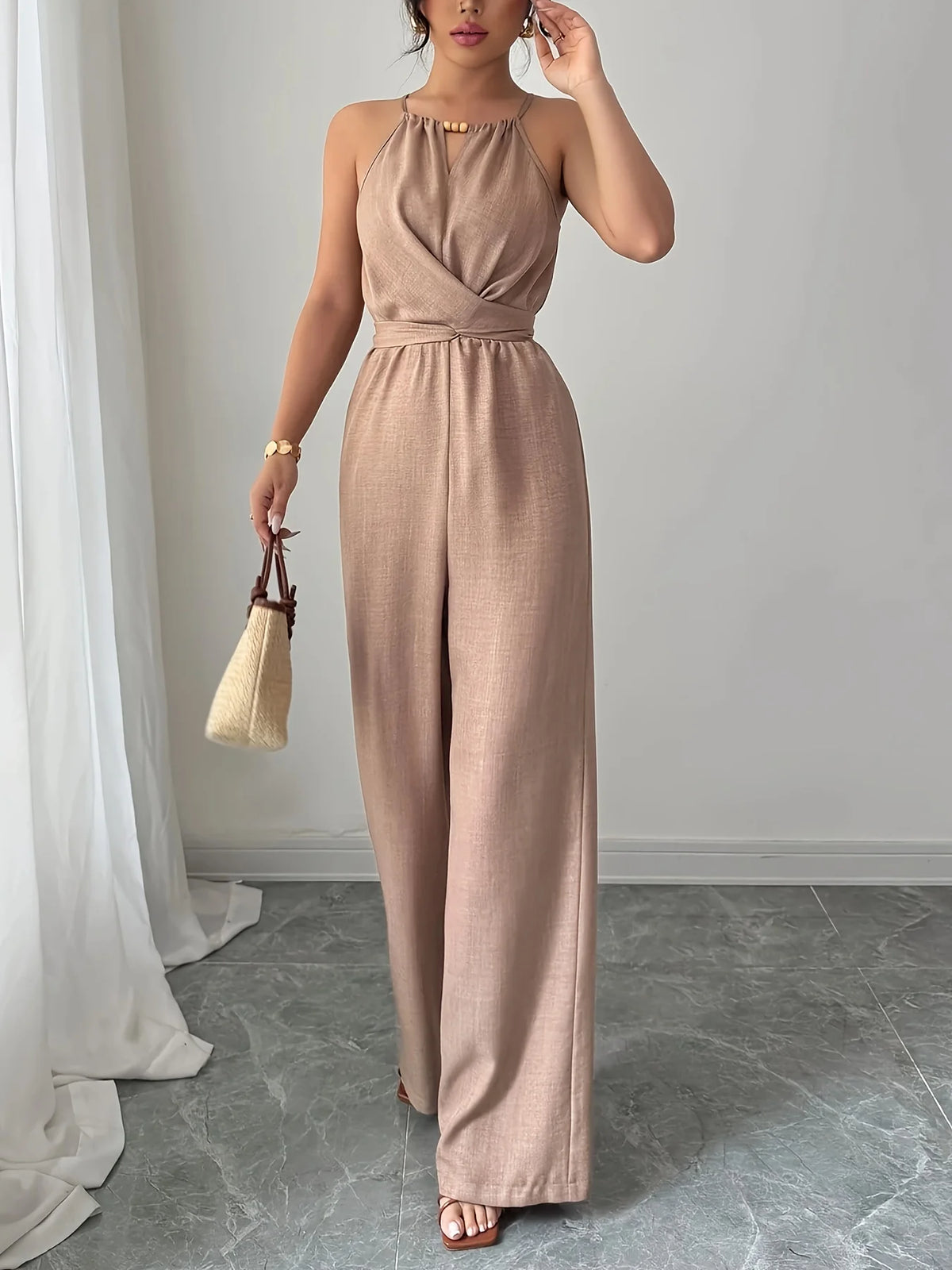 Chiffon halter neck maxi jumpsuit with a lace-up waist, photo 3
