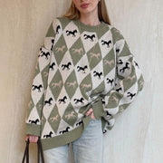 Contrast patchwork knit sweater with a round neck, front view