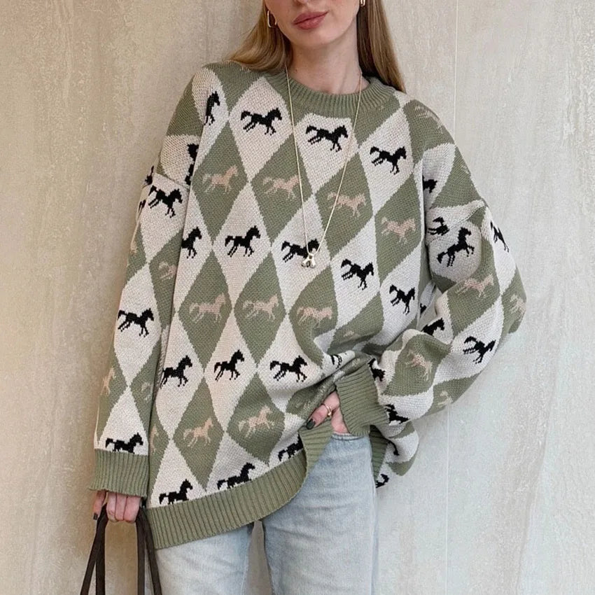 Contrast patchwork knit sweater with a round neck, front view
