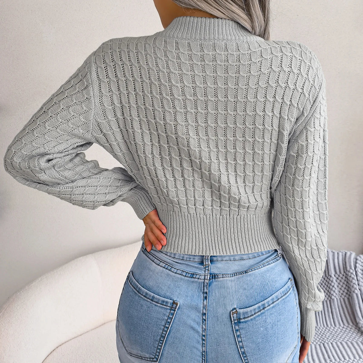 Cropped knit top with long lantern sleeves, product photo 4