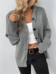 Loose hooded knit cardigan coat with long sleeves, front view
