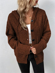 Knit cardigan coat with a hooded collar, shown worn open, product photo 5