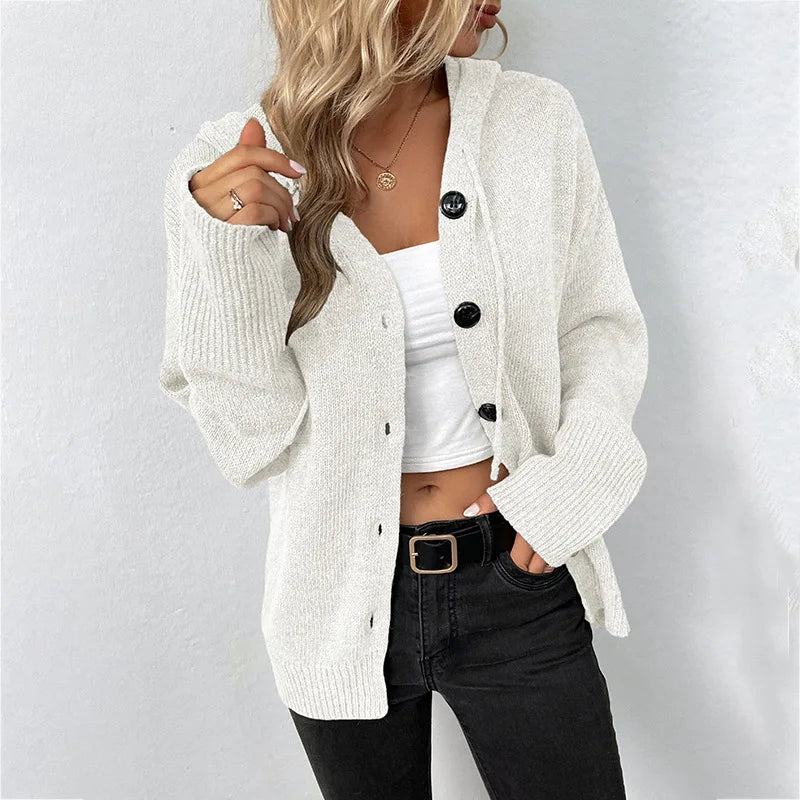 Polyester knit hooded cardigan coat with buttons down the front, product photo 8