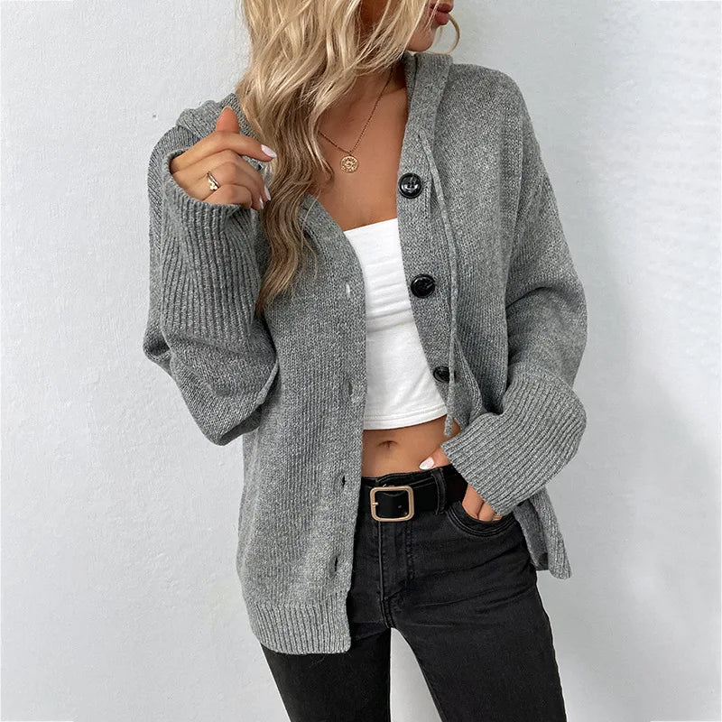Loose hooded knit cardigan coat with long sleeves, final product photo 9