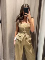 Khaki cargo cami and wide leg pants set, front view