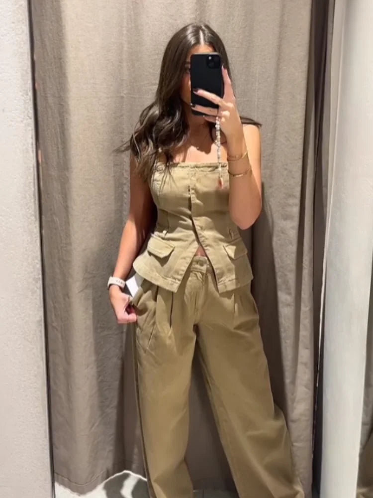 Khaki cargo cami and wide leg pants set, product photo 2