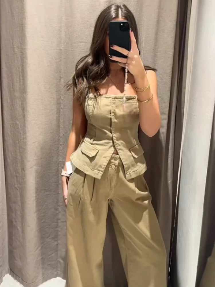 Khaki cargo cami and wide leg pants set, product photo 3