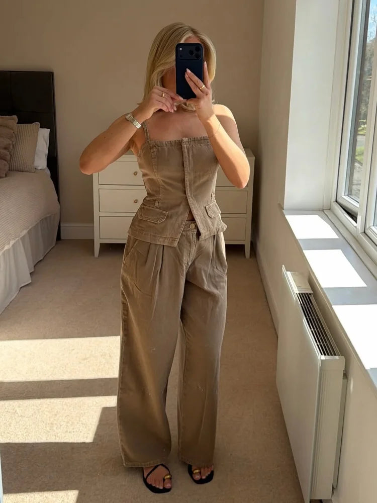 Khaki cargo cami and wide leg pants set, product photo 4