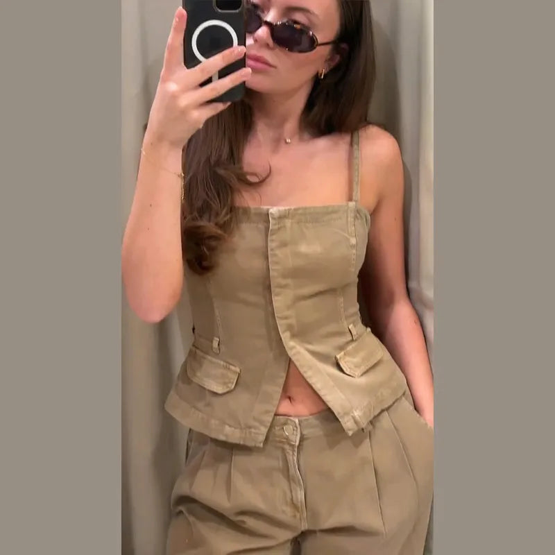 Khaki cargo cami and wide leg pants set, product photo 9