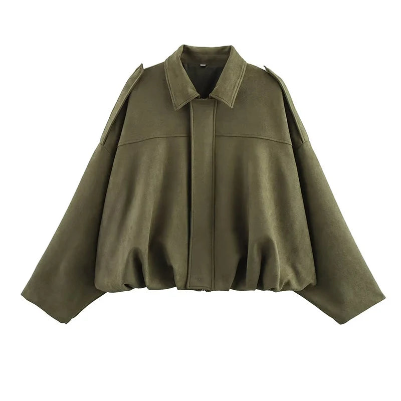 Long sleeve zip jacket with a turn-down collar, front view