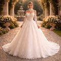 Off-Shoulder Lace Ball Gown With Long Sleeves and Court Train