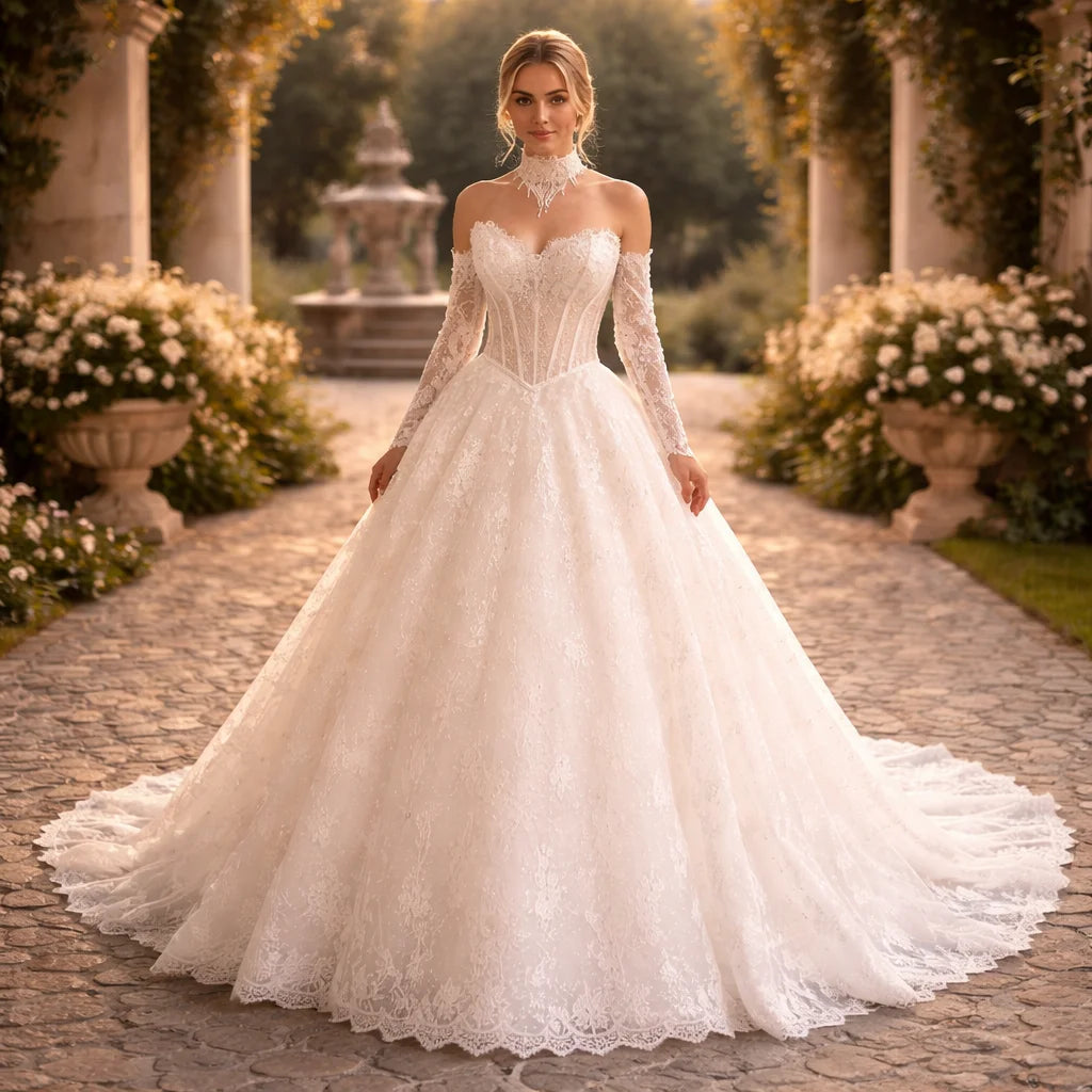 Off-shoulder lace ball gown with a court train, front view.