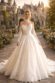 Off-shoulder lace ball gown with a court train, photo 3.