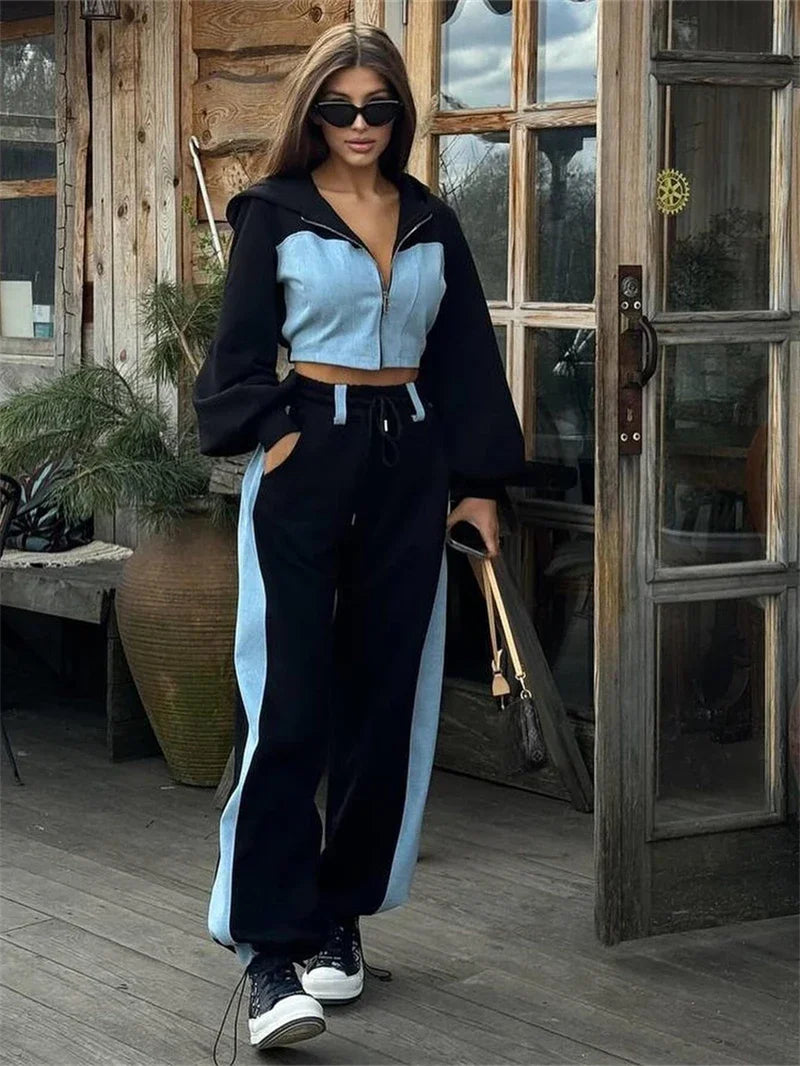 Patchwork zip hoodie and wide leg pants set, front view
