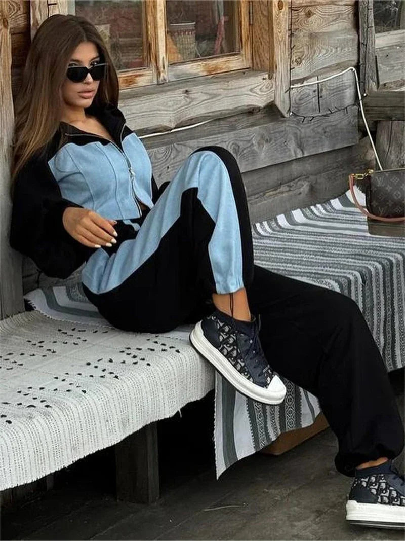 Patchwork zip hoodie and wide leg pants set, product photo 2