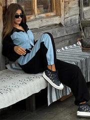 Patchwork zip hoodie and wide leg pants set, product photo 2