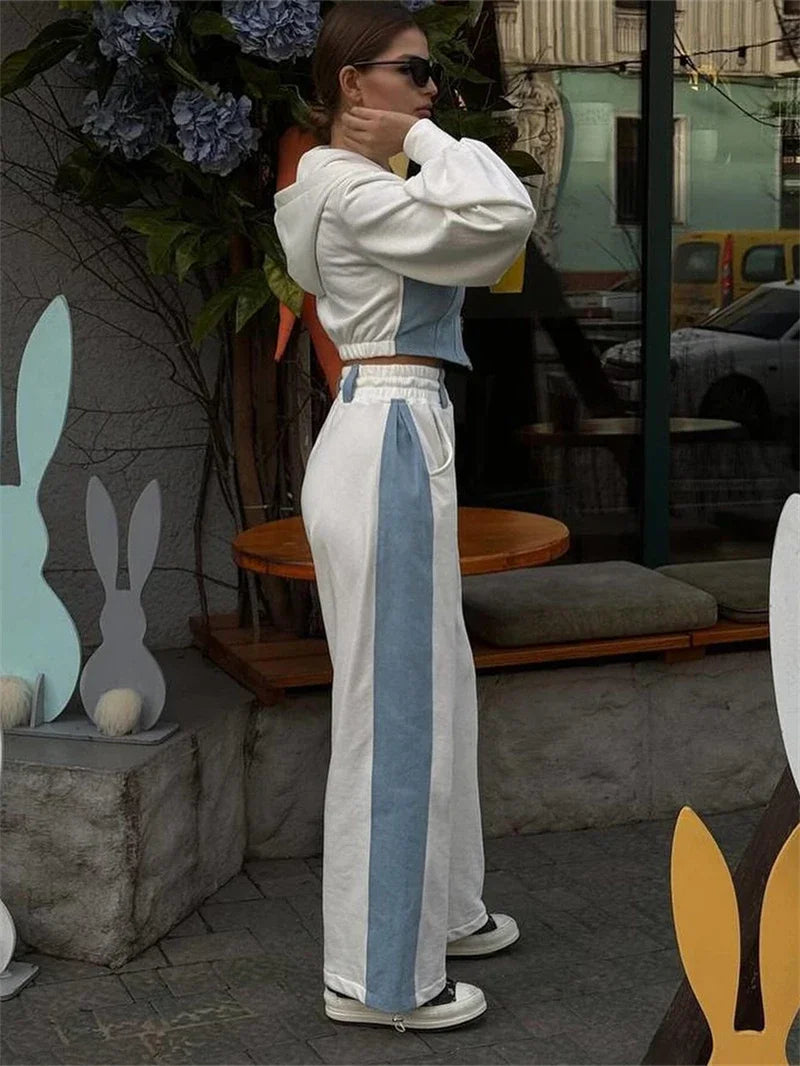 Patchwork zip hoodie and wide leg pants set, product photo 3