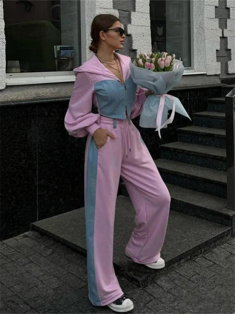 Patchwork zip hoodie and wide leg pants set, product photo 4