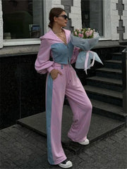 Patchwork zip hoodie and wide leg pants set, product photo 4