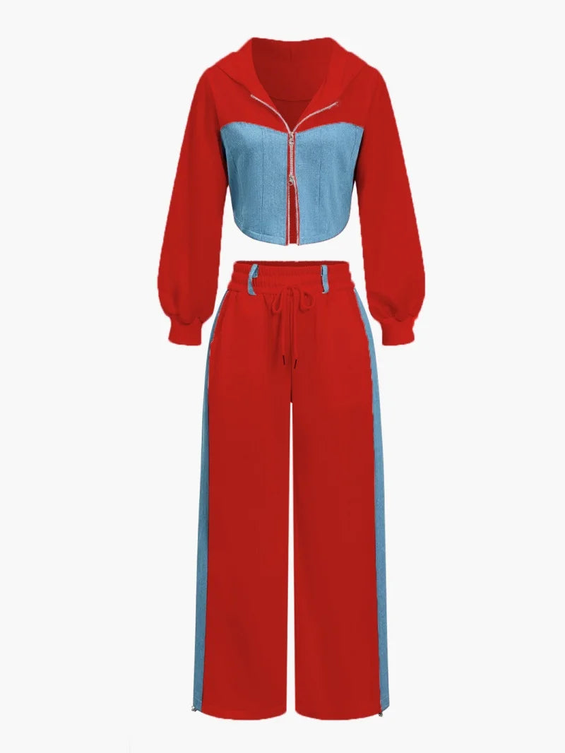 Patchwork zip hoodie and wide leg pants set, product photo 6
