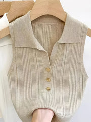 Polo collar knit vest with embroidered detail, front view