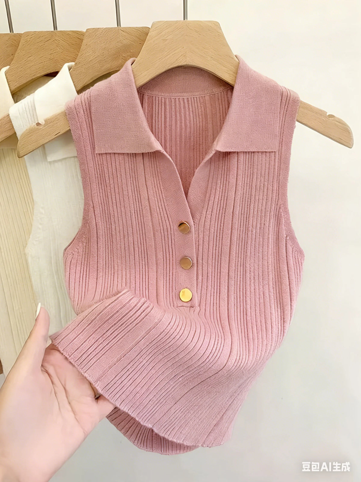 Embroidered knit vest in lightweight stretch polyester, product photo 3