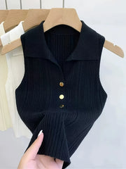 Sleeveless polo collar knit vest worn as a layer, product photo 4