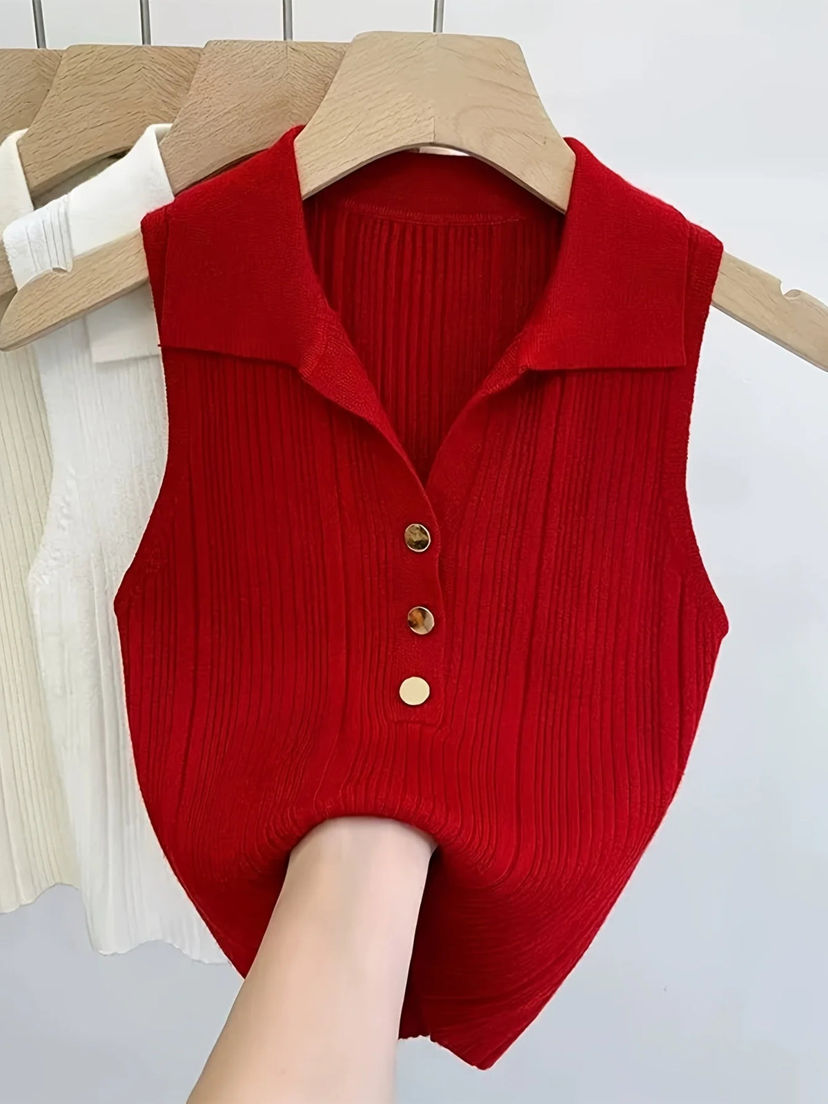 Polo collar knit vest with embroidered detail, final product photo 7