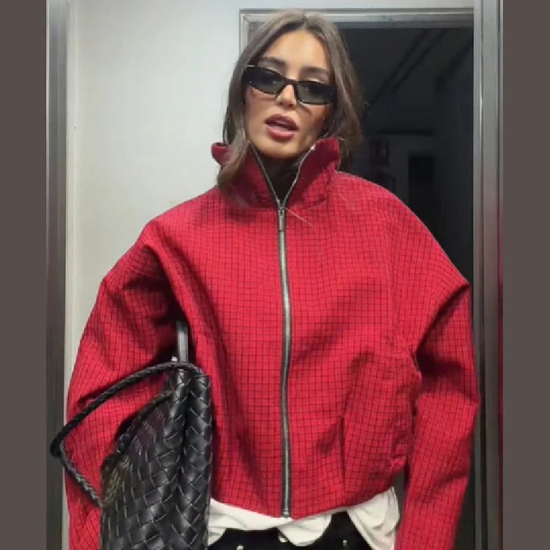 Red plaid stand collar jacket with a full-length zip, front view