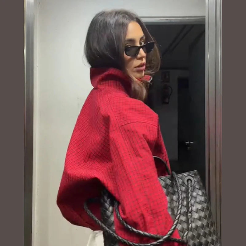 Red plaid jacket with a stand collar and no hood, product photo 2