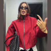 Loose fit red plaid zip jacket with full-length sleeves, product photo 3