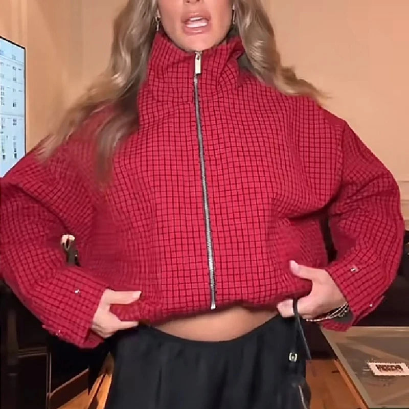 Red plaid jacket shown with the front zip open, product photo 4