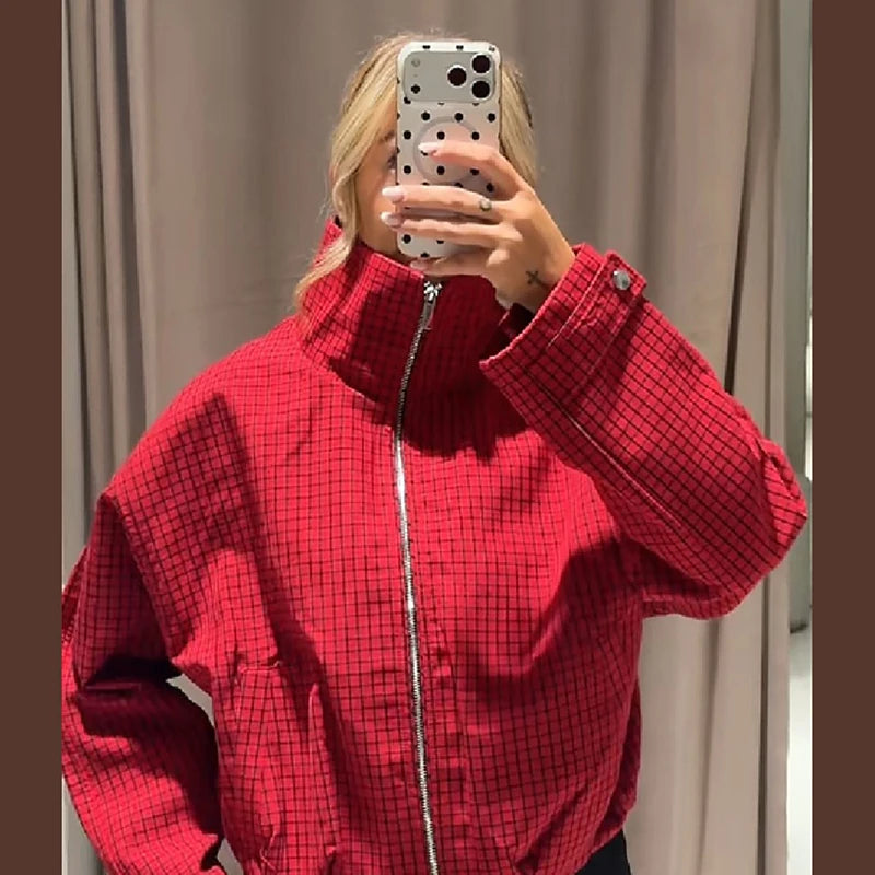 Red plaid zip jacket cut loose with room to layer, product photo 6