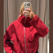 Red plaid zip jacket cut loose with room to layer, product photo 6