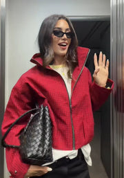 Red plaid stand collar zip jacket for autumn and winter, final product photo 7