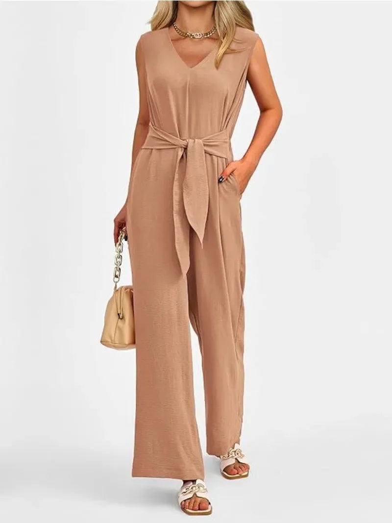 V-neck sleeveless wide leg jumpsuit with sash, front view