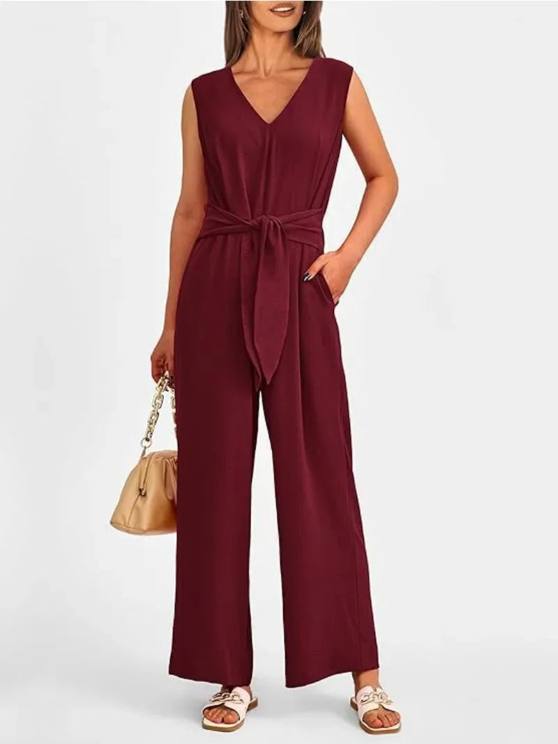 V-neck sleeveless wide leg jumpsuit with sash, photo 2