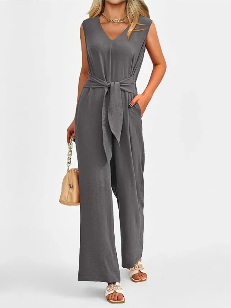 V-neck sleeveless wide leg jumpsuit with sash, photo 3