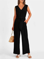 V-neck sleeveless wide leg jumpsuit with sash, photo 4