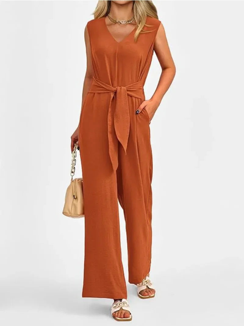 V-neck sleeveless wide leg jumpsuit with sash, photo 5