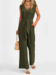 V-neck sleeveless wide leg jumpsuit with sash, photo 6