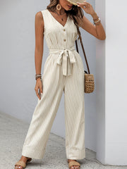 Striped V-neck sleeveless jumpsuit, front view