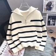 Striped zip knit pullover with turn-down collar, front view