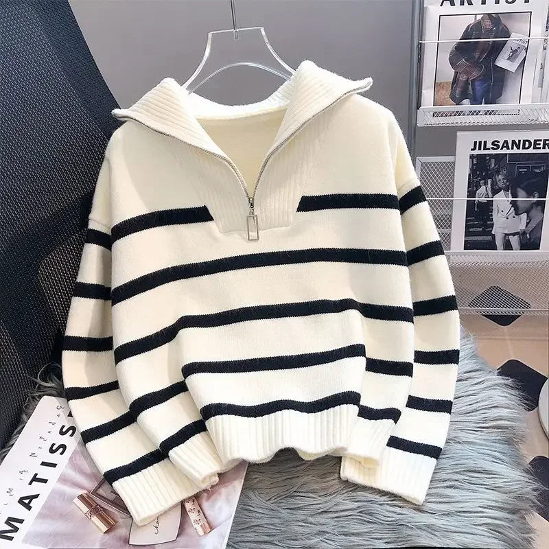 Striped zip knit pullover with turn-down collar, front view